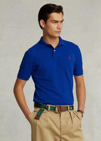 Polos de malla Ralph Lauren de corte entallado personalizados para hombre en azul Polos de malla Ralph Lauren de corte entallado personalizados para hombre en azul
