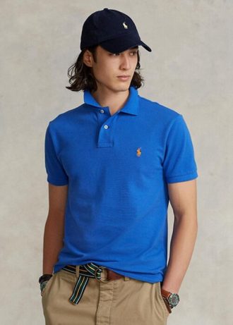 Polos de malla Ralph Lauren de corte entallado personalizados para hombre en azul Polos de malla Ralph Lauren de corte entallado personalizados para hombre en azul