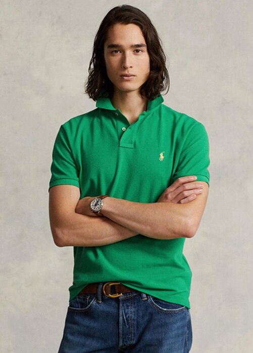 Polos de malla Ralph Lauren personalizados de corte entallado para hombre, color verde Polos de malla Ralph Lauren personalizados de corte entallado para hombre, color verde