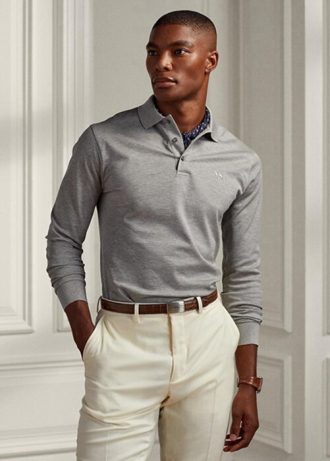 Polos de piqué entallados personalizados Ralph Lauren grises para hombre Polos de piqué entallados personalizados Ralph Lauren grises para hombre