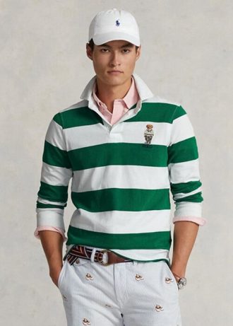 Polos de rugby Ralph Lauren blancos ajustados y personalizados con diseño de oso para hombre Polos de rugby Ralph Lauren blancos ajustados y personalizados con diseño de oso para hombre