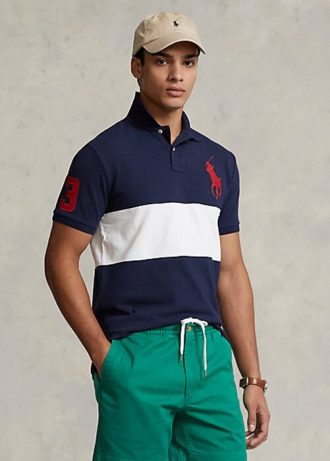 Polos Ralph Lauren Big Pony de malla para hombre, color azul marino y blanco