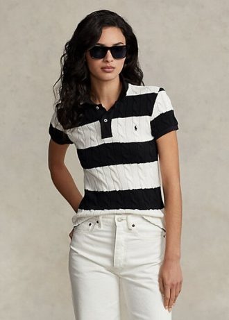 Polos Ralph Lauren de punto trenzado ajustado para mujer en color crema/negro