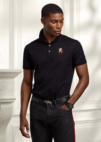 Polos Ralph Lauren negros ajustados con diseño de oso para hombre