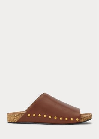 Sandalias Ralph Lauren de piel de becerro con remaches marrones para mujer
