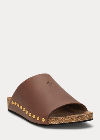 Sandalias Ralph Lauren de piel de becerro con remaches marrones para mujer