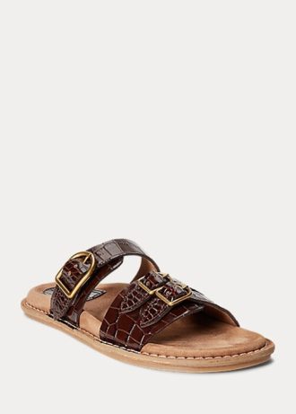Sandalias Ralph Lauren Ezra de piel con relieve de cocodrilo para mujer en color marrón Sandalias Ralph Lauren Ezra de piel con relieve de cocodrilo para mujer en color marrón