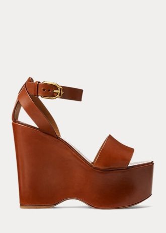 Sandalias Ralph Lauren Zadie de piel de becerro bruñida para mujer en color marrón