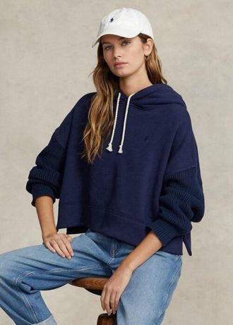 Sudadera con capucha híbrida Ralph Lauren de corte cuadrado y mangas largas para mujer en azul marino