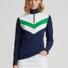 Sudadera Ralph Lauren con cremallera de un cuarto y rayas de chevrón para mujer, color azul marino y verde Sudadera Ralph Lauren con cremallera de un cuarto y rayas de chevrón para mujer, color azul marino y verde
