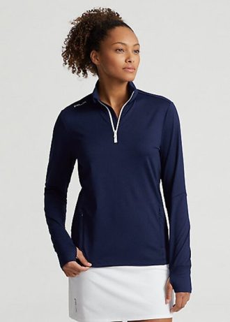 Sudadera Ralph Lauren de jersey elástico con cremallera de un cuarto para mujer en azul marino