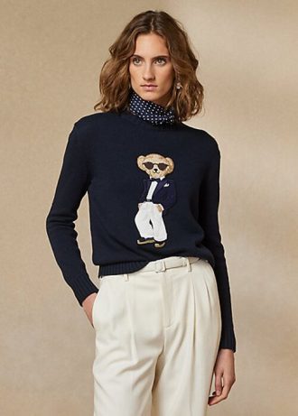 Suéteres de algodón con diseño de oso de smoking de Ralph Lauren para mujer en color azul marino