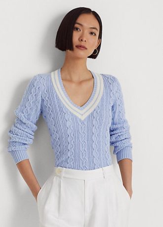 Suéteres de críquet de punto trenzado Ralph Lauren azules para mujer
