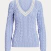 Suéteres de críquet de punto trenzado Ralph Lauren azules para mujer Suéteres de críquet de punto trenzado Ralph Lauren azules para mujer