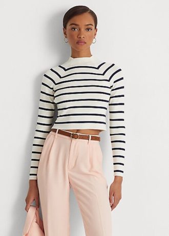 Suéteres de cuello alto cortos a rayas Ralph Lauren para mujer en color crema/azul marino