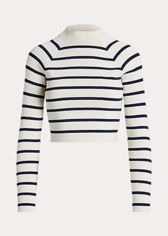 Suéteres de cuello alto cortos a rayas Ralph Lauren para mujer en color crema/azul marino