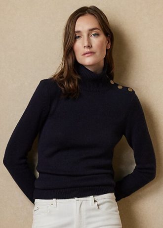 Suéteres de cuello alto de cachemira con botones Ralph Lauren para mujer en azul marino