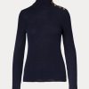 Suéteres de cuello alto de cachemira con botones Ralph Lauren para mujer en azul marino