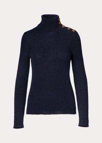 Suéteres de cuello alto de cachemira con botones Ralph Lauren para mujer en azul marino