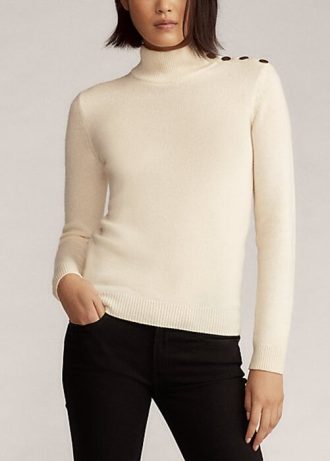 Suéteres de cuello alto de cachemira con botones Ralph Lauren para mujer en color crema