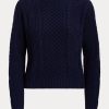 Suéteres de cuello barco de algodón de punto Aran de Ralph Lauren para mujer en azul marino Suéteres de cuello barco de algodón de punto Aran de Ralph Lauren para mujer en azul marino
