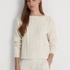 Suéteres de cuello barco de algodón de punto Aran de Ralph Lauren para mujer en color crema Suéteres de cuello barco de algodón de punto Aran de Ralph Lauren para mujer en color crema