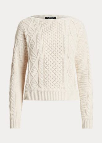 Suéteres de cuello barco de algodón de punto Aran de Ralph Lauren para mujer en color crema Suéteres de cuello barco de algodón de punto Aran de Ralph Lauren para mujer en color crema