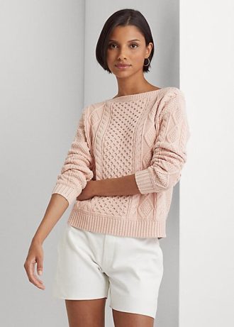 Suéteres de cuello barco de algodón de punto Aran de Ralph Lauren para mujer en color rosa Suéteres de cuello barco de algodón de punto Aran de Ralph Lauren para mujer en color rosa