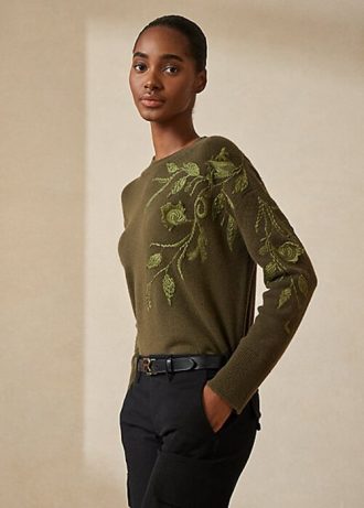Suéteres de cuello redondo de cachemira con adornos de Ralph Lauren para mujer en color oliva Suéteres de cuello redondo de cachemira con adornos de Ralph Lauren para mujer en color oliva