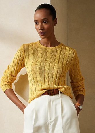 Suéteres de cuello redondo de seda con punto trenzado de Ralph Lauren para mujer en amarillo Suéteres de cuello redondo de seda con punto trenzado de Ralph Lauren para mujer en amarillo
