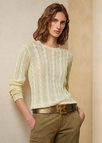 Suéteres de cuello redondo de seda con punto trenzado de Ralph Lauren para mujer en color crema Suéteres de cuello redondo de seda con punto trenzado de Ralph Lauren para mujer en color crema