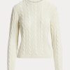 Suéteres de cuello redondo de seda con punto trenzado de Ralph Lauren para mujer en color crema