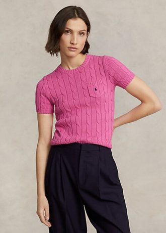 Suéteres de manga corta de algodón con punto trenzado Ralph Lauren para mujer en color fucsia Suéteres de manga corta de algodón con punto trenzado Ralph Lauren para mujer en color fucsia