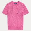 Suéteres de manga corta de algodón con punto trenzado Ralph Lauren para mujer en color fucsia Suéteres de manga corta de algodón con punto trenzado Ralph Lauren para mujer en color fucsia