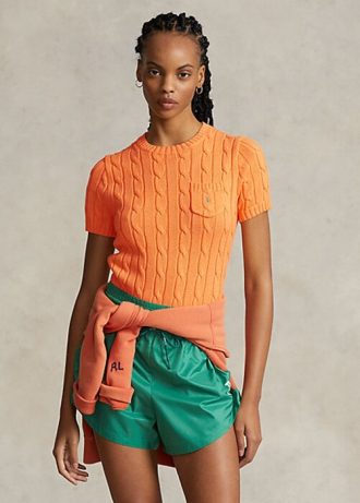 Suéteres de manga corta de algodón con punto trenzado Ralph Lauren para mujer en color naranja Suéteres de manga corta de algodón con punto trenzado Ralph Lauren para mujer en color naranja
