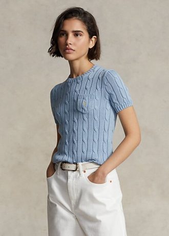 Suéteres de manga corta de algodón de punto trenzado Ralph Lauren para mujer de AZURE Suéteres de manga corta de algodón de punto trenzado Ralph Lauren para mujer de AZURE