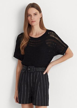 Suéteres de manga corta de malla de algodón Ralph Lauren negros para mujer Suéteres de manga corta de malla de algodón Ralph Lauren negros para mujer