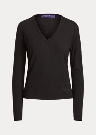 Suéteres negros de lana Ralph Lauren de manga larga y cuello en V para mujer Suéteres negros de lana Ralph Lauren de manga larga y cuello en V para mujer