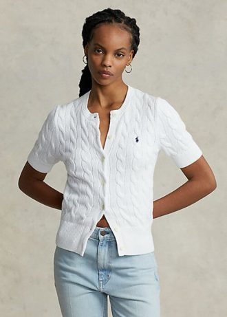 Suéteres Ralph Lauren blancos de manga corta con punto trenzado para mujer Suéteres Ralph Lauren blancos de manga corta con punto trenzado para mujer