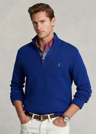 Suéteres Ralph Lauren de algodón con cremallera de un cuarto para hombre en azul Suéteres Ralph Lauren de algodón con cremallera de un cuarto para hombre en azul