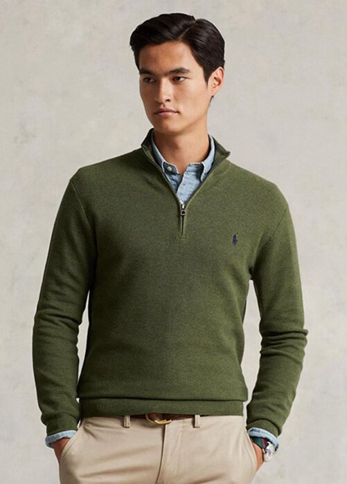 Suéteres Ralph Lauren de algodón con punto de malla y cremallera de un cuarto para hombre en color oliva Suéteres Ralph Lauren de algodón con punto de malla y cremallera de un cuarto para hombre en color oliva