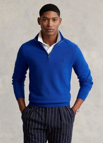 Suéteres Ralph Lauren de algodón de punto de malla con cremallera de un cuarto para hombre en azul Suéteres Ralph Lauren de algodón de punto de malla con cremallera de un cuarto para hombre en azul