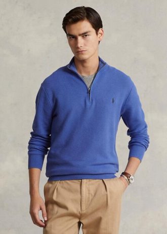 Suéteres Ralph Lauren de algodón de punto de malla con cremallera de un cuarto para hombre en azul Suéteres Ralph Lauren de algodón de punto de malla con cremallera de un cuarto para hombre en azul