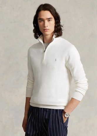 Suéteres Ralph Lauren de algodón de punto de malla con cremallera de un cuarto para hombre en blanco Suéteres Ralph Lauren de algodón de punto de malla con cremallera de un cuarto para hombre en blanco