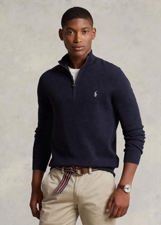 Suéteres Ralph Lauren de algodón texturizado con cremallera de un cuarto para hombre en la Marina Suéteres Ralph Lauren de algodón texturizado con cremallera de un cuarto para hombre en la Marina