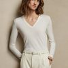 Suéteres Ralph Lauren de lana color crema con cuello en V y manga larga para mujer
