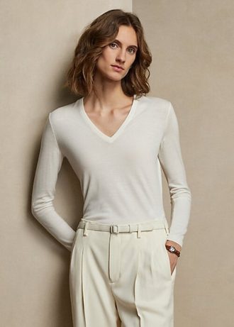 Suéteres Ralph Lauren de lana color crema con cuello en V y manga larga para mujer Suéteres Ralph Lauren de lana color crema con cuello en V y manga larga para mujer
