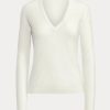 Suéteres Ralph Lauren de lana color crema con cuello en V y manga larga para mujer