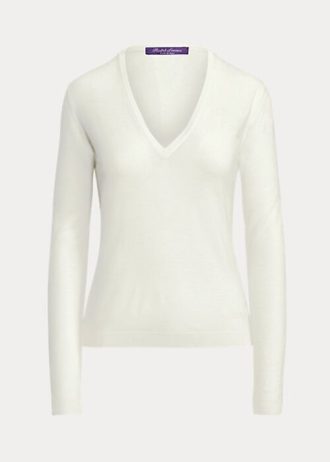 Suéteres Ralph Lauren de lana color crema con cuello en V y manga larga para mujer Suéteres Ralph Lauren de lana color crema con cuello en V y manga larga para mujer
