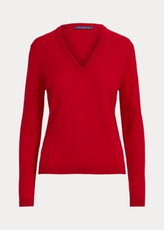 Suéteres Ralph Lauren de lana de manga larga y cuello en V para mujer en color rojo Suéteres Ralph Lauren de lana de manga larga y cuello en V para mujer en color rojo